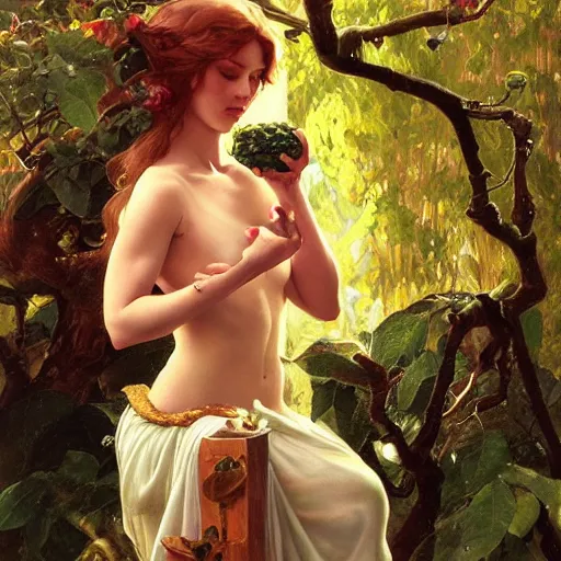 Image similar to eve eating fruit from the tree of knowedge of good and evil in the gardnen of eden, highly detailed, digital painting, artstation, concept art, smooth, sharp focus, illustration, artstation, art by artgerm, greg rutkowski, alphonse mucha, ilya repin and charlie bowater