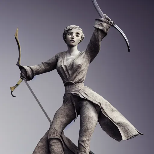 Image similar to highly detailed statue made of marbel, beautiful young woman, over exaggerated proportions, with a sword in her right hand, martial art pose, octane render, ripped cloth, volumetric lights, dramatic, highly detailed