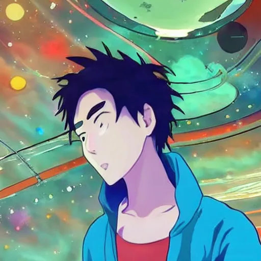 Image similar to anime of jacob collier on space playing saturn rings as a piano