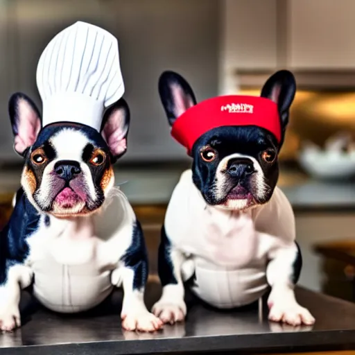 Image similar to a 8k highly detailed still photo by David Bailey of Two multi-colored French Bulldogs in chef hats and aprons starring on a cooking show, a high end restaurant kitchen in the background, bokeh