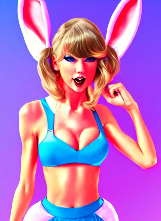 Prompt: Taylor Swift Cosplaying Lola Bunny, modeling, posing, playboy bunny, two piece workout clothes, training bra, quality lighting, vibrant colors, maximalism, ultra facial detail, photograph of Taylor Swift, Tooth Wu Artgerm WLOP artstation deviantart, 8k, fanart, extreme aesthetic