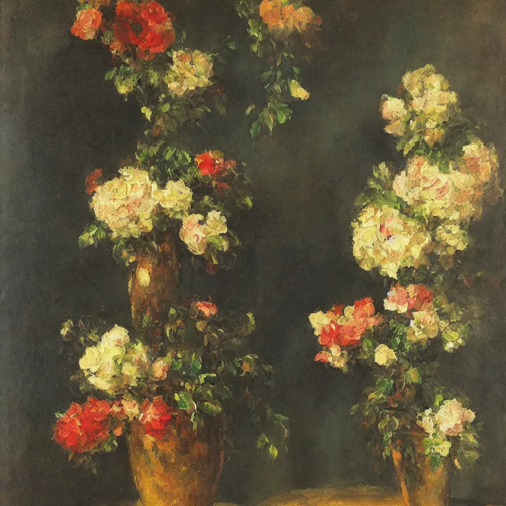 Image similar to beautiful large empty vase in a dark room with light catching on it’s shiny polished surface, no flowers,painted in the style of the old masters, painterly, thick heavy impasto, expressive impressionist style, painted with a palette knife