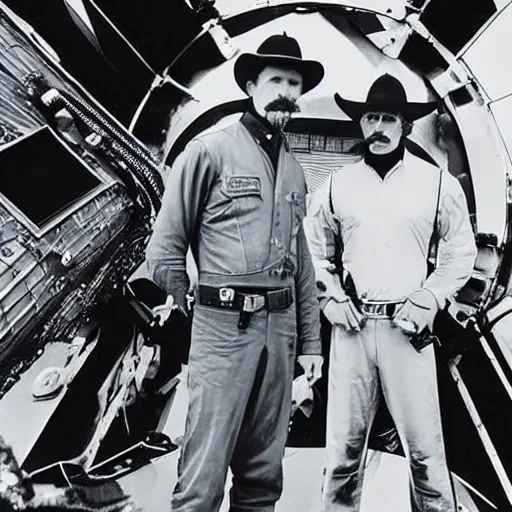 Image similar to wyatt earp and doc holliday, standing on the deck of a spacecraft inspired by the movie interstellar, high detail, high fidelity