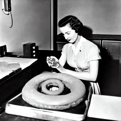 Prompt: an early 1950s photo of someone on a computer making a donut in blender