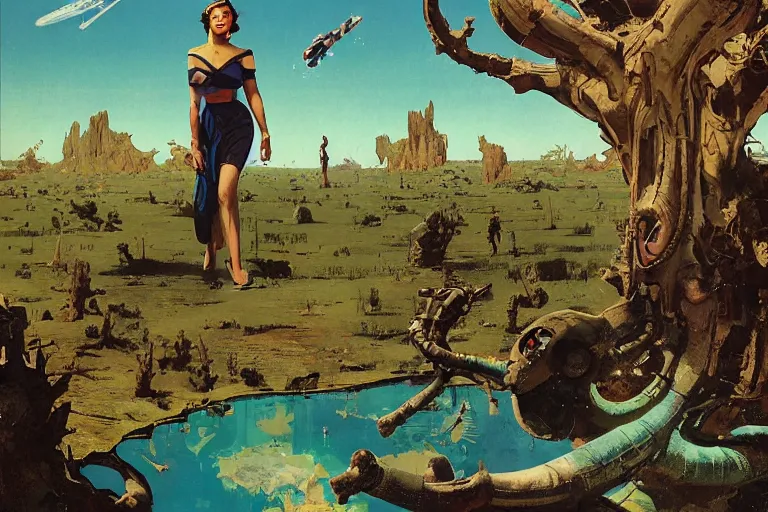 Image similar to 5 0 s pulp scifi illustration, space woman meets big science fiction alien martian in beautiful landscape, pond, baobab trees, distant mountains, dynamic action, by norman rockwell, jack kirby, john berkey, bergey, craig mullins, ruan jia, raymond swanland, jeremy mann, beksinski, tom lovell, alex malveda, schomburg