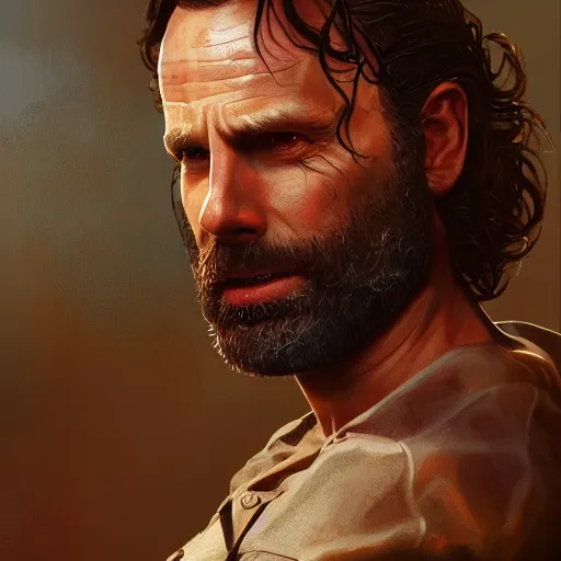 Prompt: rick grimes, portrait, fantasy, medieval, vivid colors, elegant, concept art, sharp focus, digital art, Hyper-realistic, 4K, Unreal Engine, Highly Detailed, HD, Dramatic Lighting by Brom, trending on Artstation