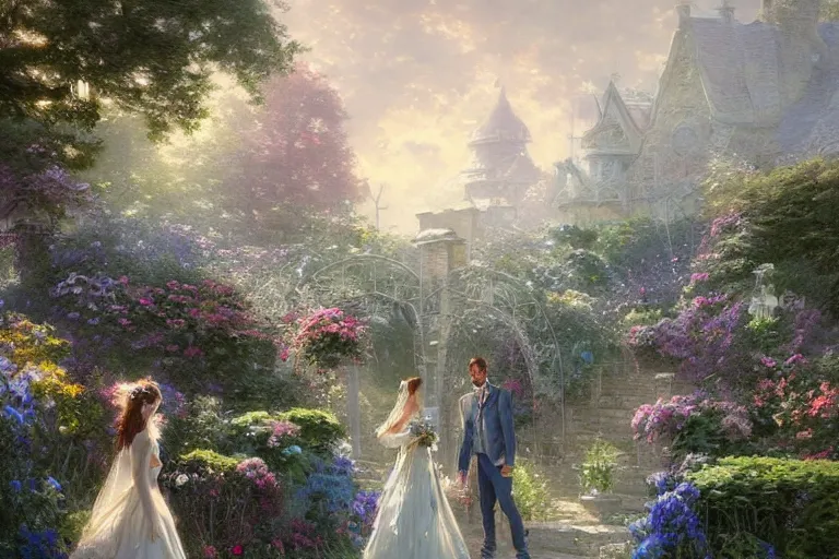 Prompt: a beautiful picture of a bride and a groom, blue roses garden, by greg rutkowski and thomas kinkade, trending on artstation