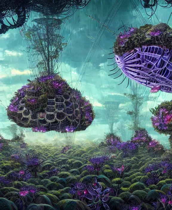 Image similar to a giant weird industrial plant hive made out of isopod dragonflies, in the style of a strange giant asymmetrical fungus, overgrown with disturbing orchids, godbeams, partly cloudy, somber, dramatic lighting, by dan mumford, yusuke murata, makoto shinkai, ross tran, cinematic, unreal engine, cel shaded, featured on artstation, pixiv