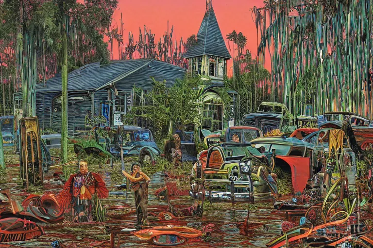 Image similar to scene fromlouisiana swamps, old protestant church with neon cross, junkyard by the road, boy scout troop, voodoo, artwork by jean giraud