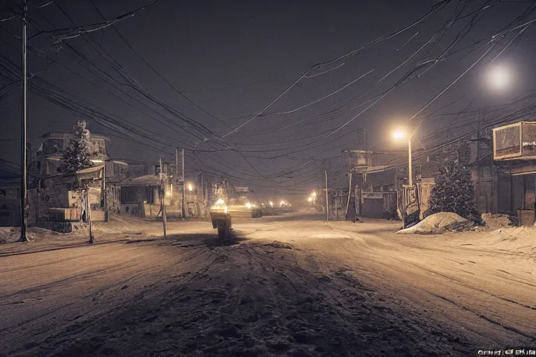 Prompt: an emty street of a city on the Moon called Noviy Norilsk, with a car at night with only by one street light, photo by Gregory Crewdson,