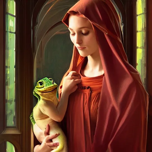 Image similar to the virgin mary holding a baby lizard, highly detailed, digital painting, artstation, concept art, smooth, sharp focus, illustration, art by artgerm and greg rutkowski and alphonse mucha