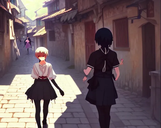 Image similar to anime still frame portrait of a young female walking through a busy medieval village, ilya kuvshinov, dynamic pose, dynamic perspective, detailed silhouette, cel shaded anime