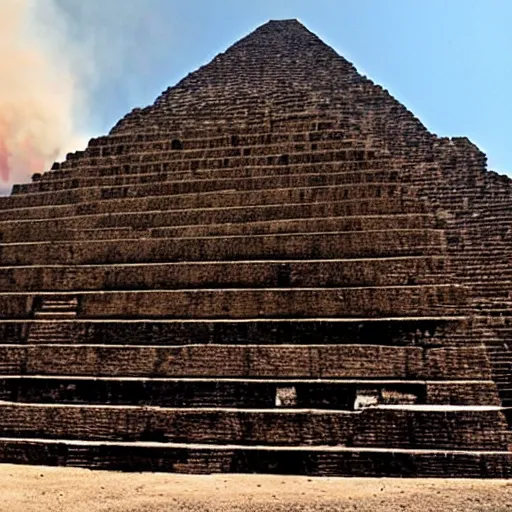 Image similar to Aztec pyramid, during an eclipse, with fires raging around