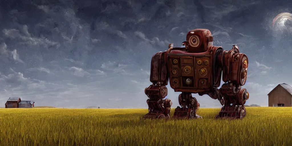 Image similar to a single colossal rusty old robot sad and alone in an empty field in the countryside with a barn on a bright sunny day by mike allred and moebiusand karol bak sharp digital painting. dreaming latent space. matte painting, concept art. artstation. digital render. realistic, 8 k