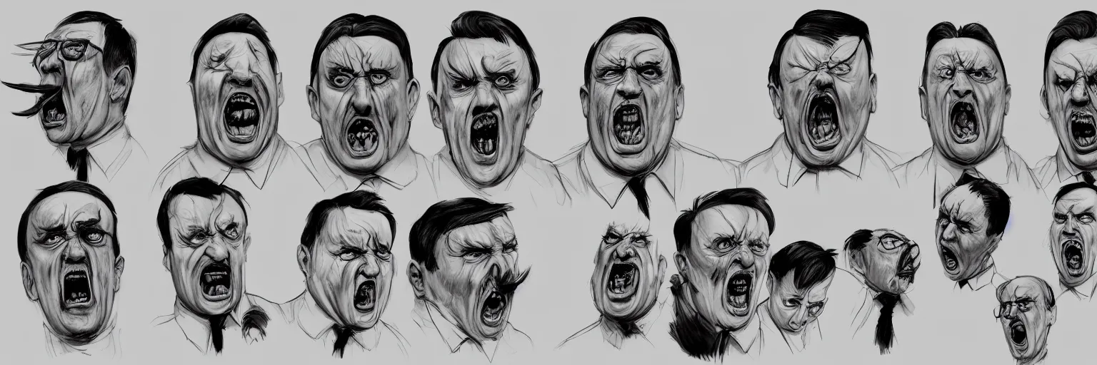 Prompt: character face study of screaming adolf hitler, clear, evil, glasses, angry, character sheet, fine details, concept design, contrast, kim jung gi, da vinci and francis bacon, trending on artstation, 8 k, 3 6 0 head, turnaround, front view, back view, ultra wide angle