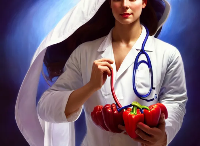 Prompt: a wide pepper wearing a white lab coat and stethoscope, diffuse lighting, fantasy, intricate, elegant, highly detailed, lifelike, photorealistic, digital painting, artstation, illustration, concept art, smooth, sharp focus, art by frank frazetta and marco bucci and loish and rossdraws and artgerm and alphonse mucha