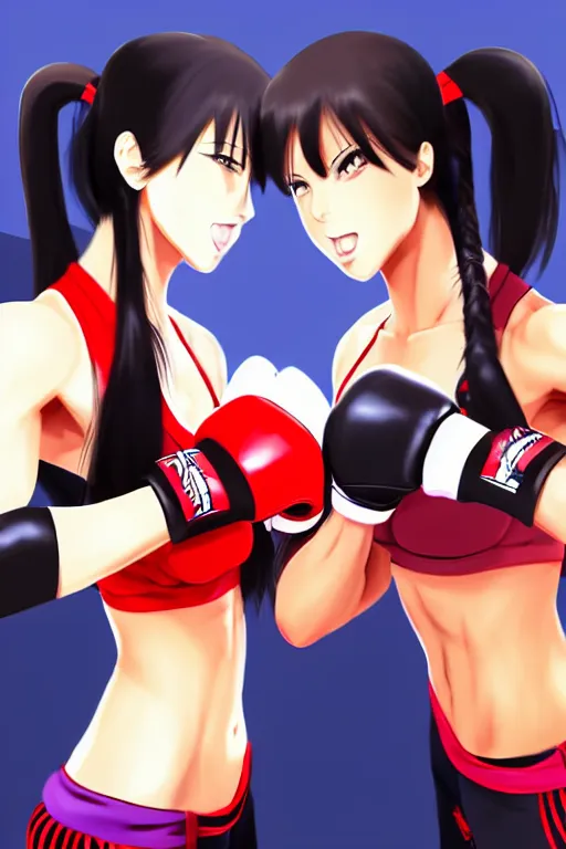 Prompt: two beautiful female fighters with ponytails facing each other in the gym, gorgeous features, high definition, sharp focus, detailed anime art, pixiv