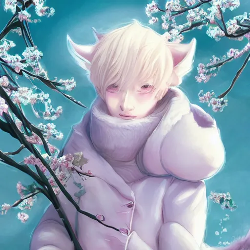 Prompt: aesthetic portrait commission of a albino male anthro liger under a cherry blossom tree bubble filled while wearing a cute mint colored cozy soft pastel winter outfit with pearls on it, winter atmosphere. character design by artgerm, and makoto shinkai, detailed, inked, western comic book art, 2 0 2 0 award winning painting