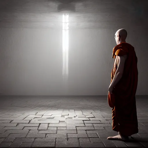 Prompt: Half cyborg half monk discovering enlightenment, dark atmosphere, 8k, cinematic lighting, symmetry, elegant, ornate, hyper realistic, zen, full body