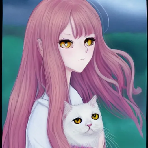 Image similar to a portrait of a young woman with very long pink hair undulating on the wind, light brown eyes, slightly chubby, pale skin, pretty, cute, holding a white cat. style manga with pastel colors. - h 6 4 0