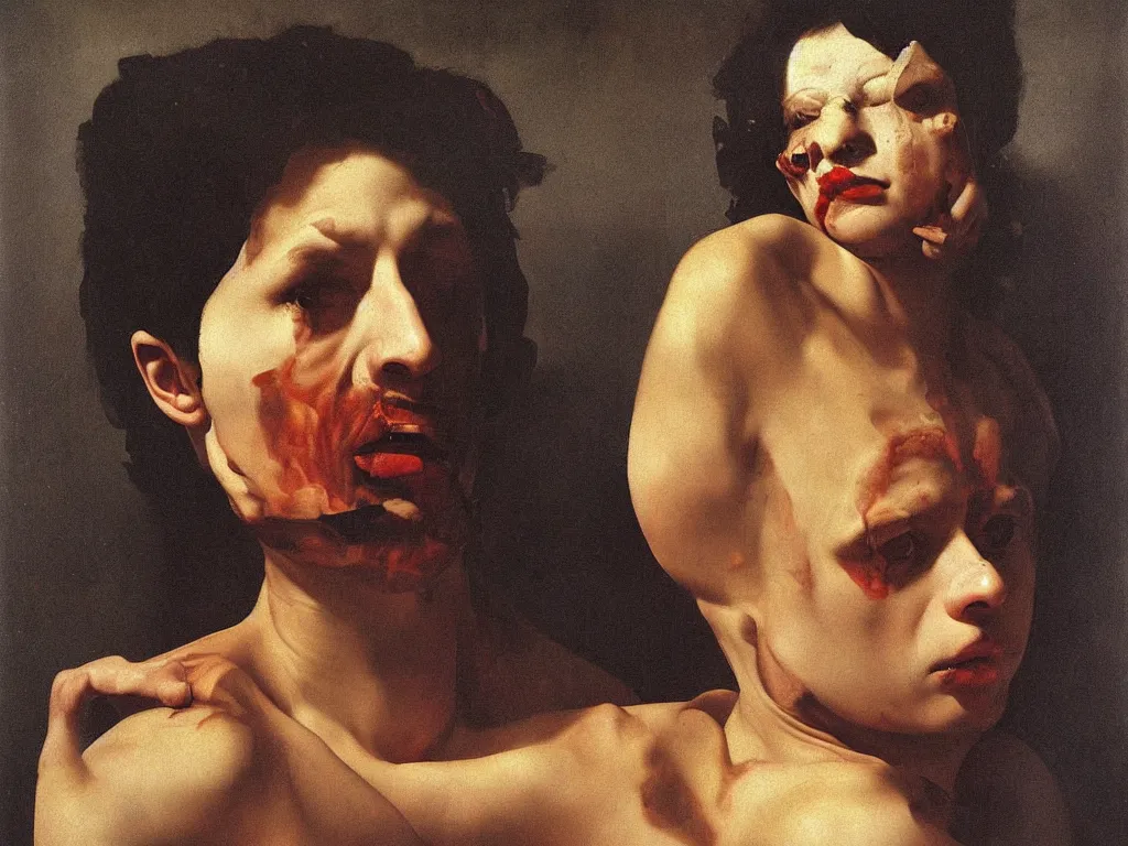 Image similar to Portrait of a lapis lazuli painted cannibal. Painting by Caravaggio, August Sander