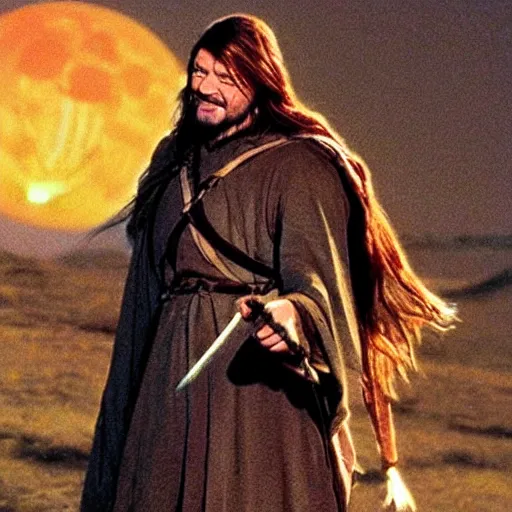 Image similar to What news from the West, O wandering wind, do you bring to me tonight? Have you seen Boromir the Tall by moon or by starlight?