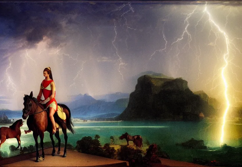 Image similar to Girl riding the horse on the palace bridge, refracted sparkles, thunderstorm, greek pool, beach and Tropical vegetation on the background major arcana sky, by paul delaroche, hyperrealistic 4k uhd, award-winning, very very very detailed