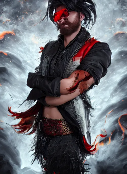 Prompt: An epic fantasy comic book style portrait painting of man with red spiked long hair, using googles. Wearing a black waistcoat, white shirt. Fire on his hands. Unreal 5, DAZ, hyperrealistic, octane render, cosplay, RPG portrait, dynamic lighting