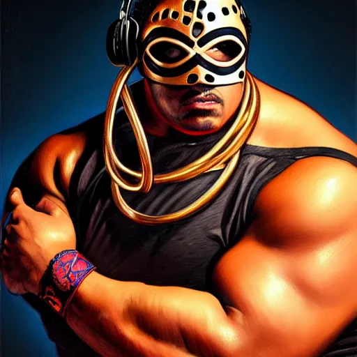 Image similar to portrait of lucha libre dj, muscular, headphones, thick golden ring around the neck, fantasy, intricate, elegant, highly detailed, digital painting, artstation, concept art, smooth, sharp focus, illustration, art by tom of finland and artgerm and greg rutkowski and alphonse mucha