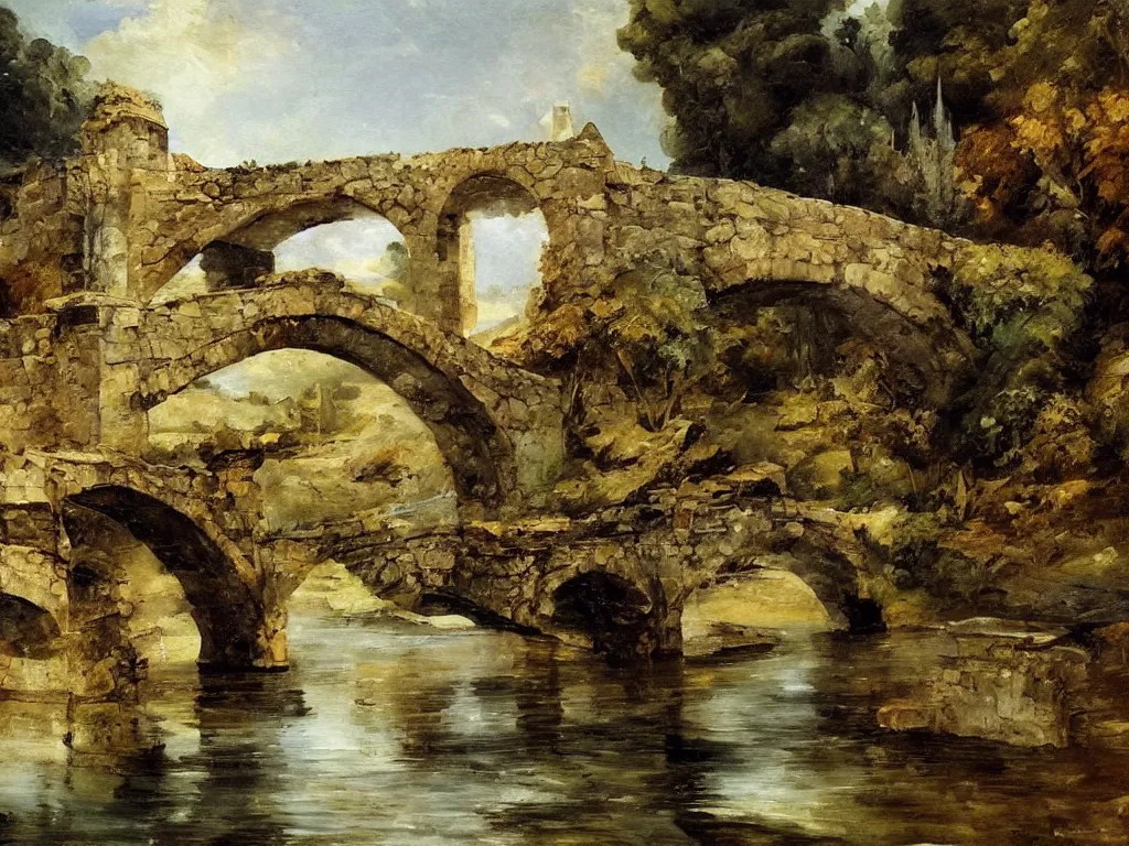 Image similar to modern stylized oil painting of medieval stone bridge, very very very beautiful, funny structure, romanticism by goya, bright art, cinematic dramatic lighting, plants and water