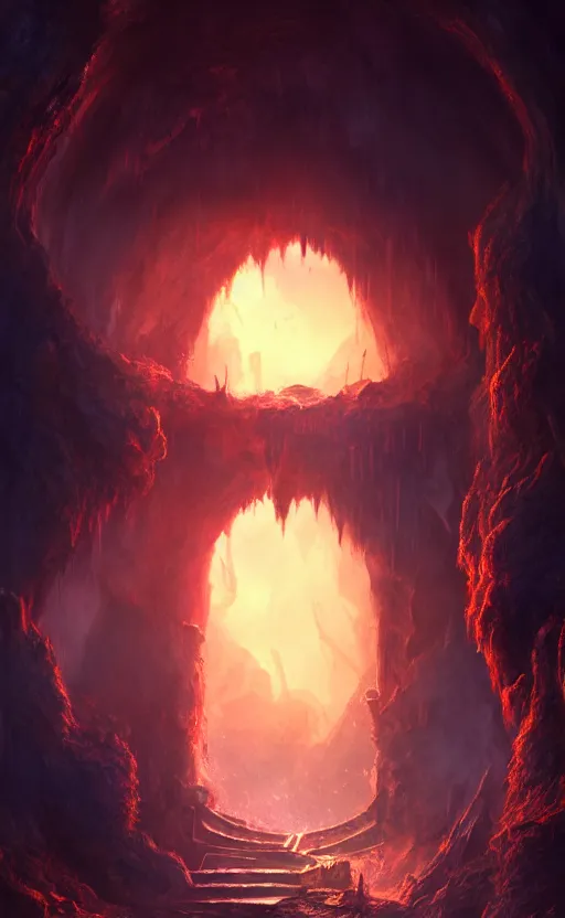 Image similar to a gate into hell, portal, doorway, in the distance of a giant cave, dynamic lighting, ambient lighting, atmospherical, photorealistic fantasy concept art, trending on art station, stunning visuals, creative, cinematic, ultra detailed