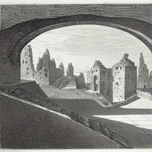 Prompt: an etching illustration of a strange underground endless stone chamber with staircases, arches, and portcullises fading into the distance, by Piranesi and M.C. Escher