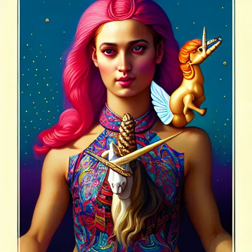 Image similar to portrait of himan riding an unicorn and, pixar style, by tristan eaton stanley artgerm and tom bagshaw.