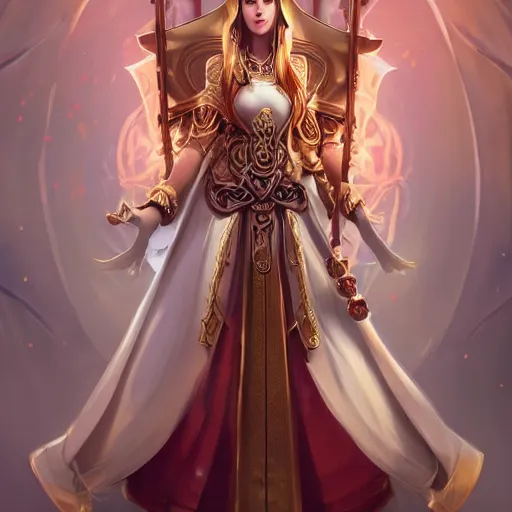 Prompt: Full-body picture of Gorgeous young priestess, White and gold robes, red waist-long hair, mace and shield, visible beautiful face, dungeon and dragons, high fantasy, holy vibes, ornamental, symmetry, artstationHD, artstationHQ, trending in artstation, safebooru, ultra HD