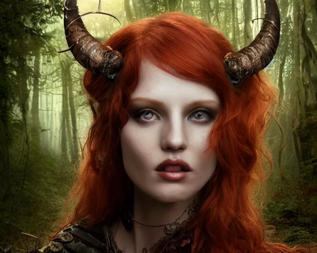 Prompt: 5 5 mm portrait photo of an armored gorgeous anesthetic redhead woman warrior with a face tattoo and lamb horns growing from her head, in a magical forest in the style of stefan kostic, art by luis royo. highly detailed 8 k. intricate. lifelike. soft light. nikon d 8 5 0. cinematic post - processing