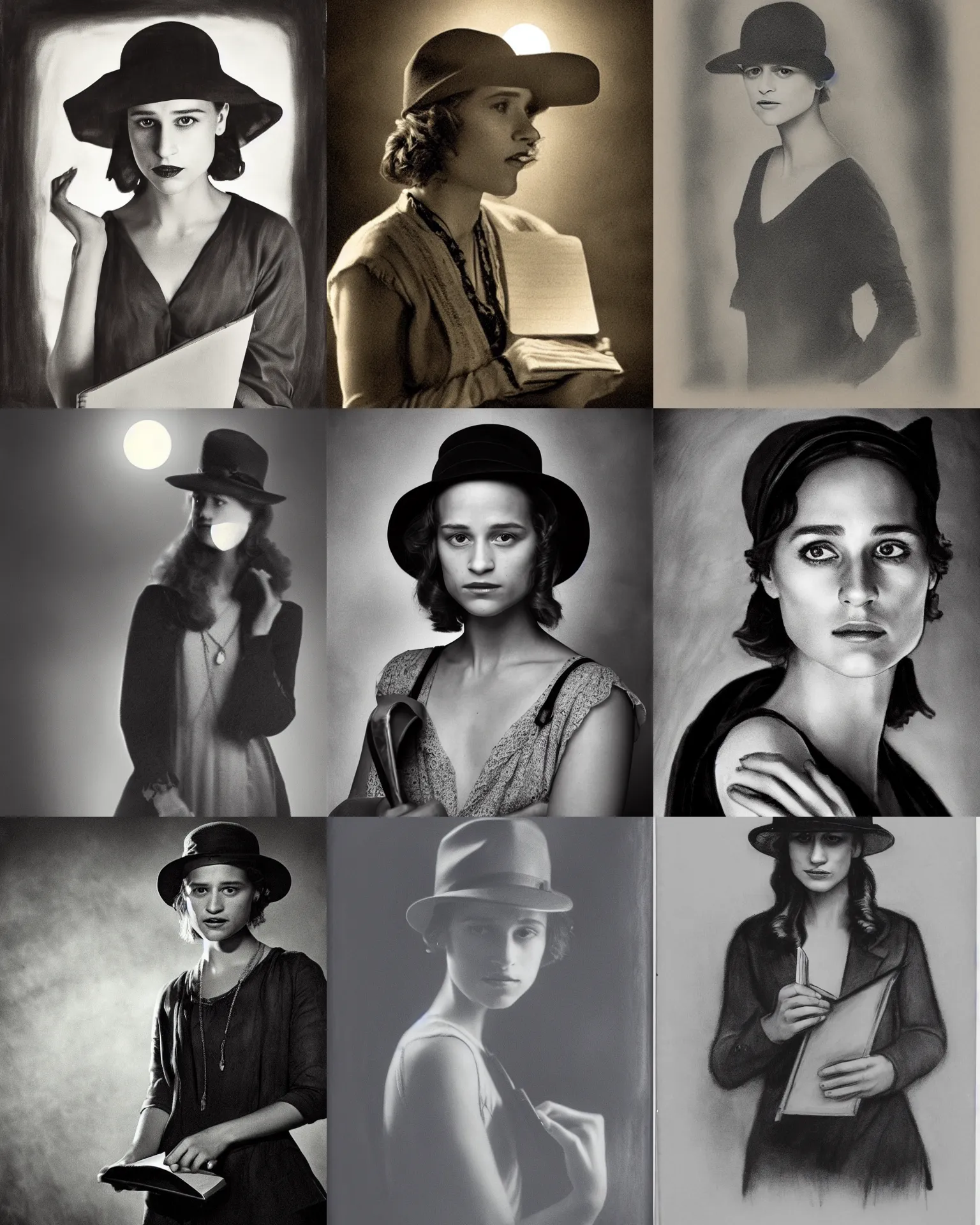 Prompt: Alicia Vikander as Female investigator, wearing hat, holding notebook, 1920s, dark, moonlight, gothic, charcoal portrait