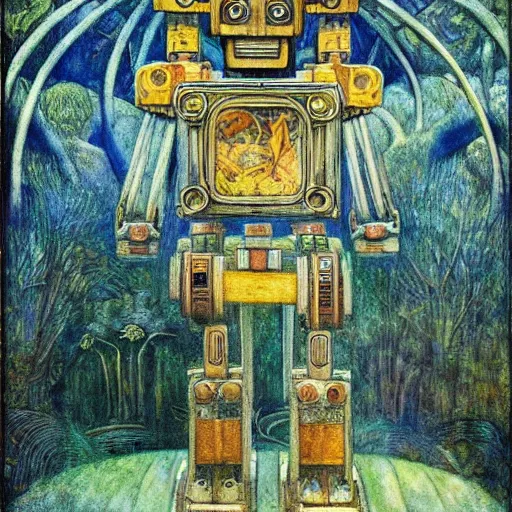 Prompt: robot seizes the forest crown, by Annie Swynnerton and Diego Rivera and Elihu Vedder, symbolist, dramatic lighting, elaborate geometric ornament, tattoos, Art Brut, soft cool colors,smooth, sharp focus, extremely detailed, Adolf Wölfli
