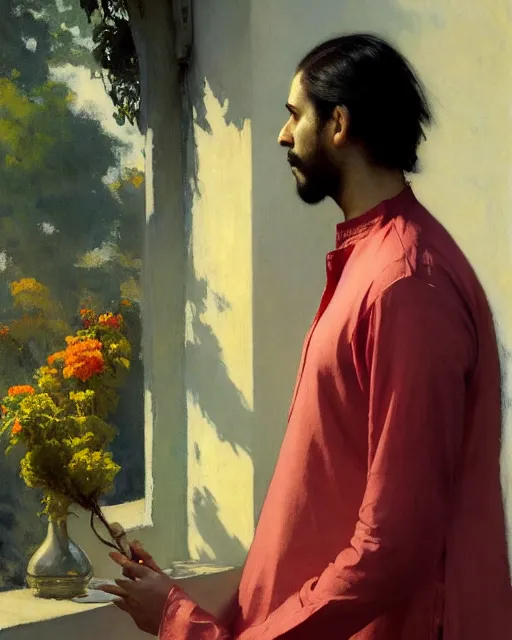Image similar to a guy in a kurta waiting for his love to come, holding flowers, art by greg rutkowski, gustave courbet, rosa bonheur, edward hopper. faithfully depicted facial expression, perfect anatomy, sharp focus, global illumination, radiant light, detailed and intricate environment, trending on artstation