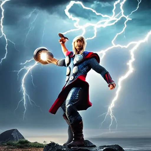 Prompt: “ thor holding his hammer high above his head, lightning and super storm in the background of a bay field, realistic, impressive, god rays, cinematic, stunning, high complexity, very detailed ”