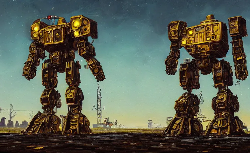 Image similar to an intricate oil painting of a giant armored plated metal mecha by simon stalenhag, rust, yellow and black trim