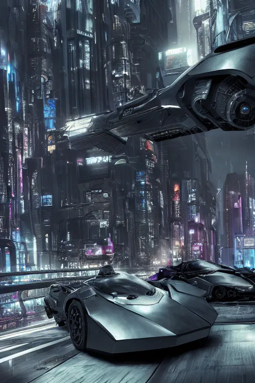 Prompt: the batmobile driving through a futuristic city. view from the cockpit. cyberpunk. highly detailed. intricate. octane render. rim light. photoreal. 8 k. monochrome. cinematic. in the style of ash thorp and craig mullins.