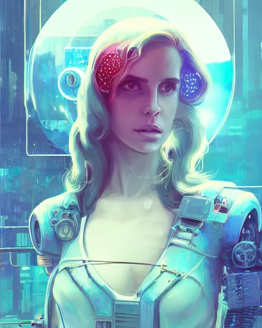 Image similar to portrait of lana del rey as a cyberpunk cyborg. roses, sci - fi, missing panels, intricate abstract upper body intricate artwork, by tooth wu, wlop, beeple, dan mumford. concept art, octane render, deviantart, greg rutkowski, cinematic, key art, hyperrealism, iridescent accents