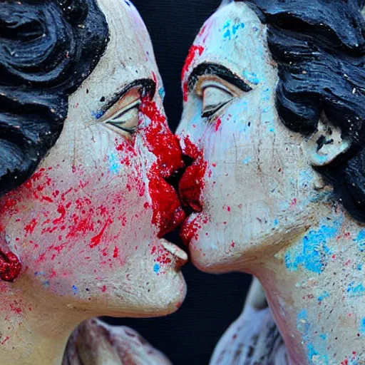 Image similar to close - up of two greek statue women kissing each other, they are covered in splattered acrylic paint