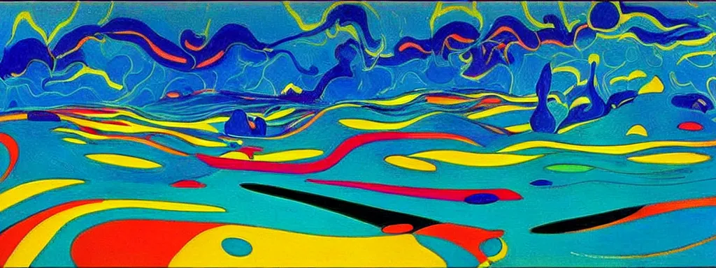 Image similar to Psychedelic sci-fi dreamworld. Landscape painting. Organic. Winding rushing water. Waves. Clouds. Landscape by Wayne Thiebaud. Matisse.