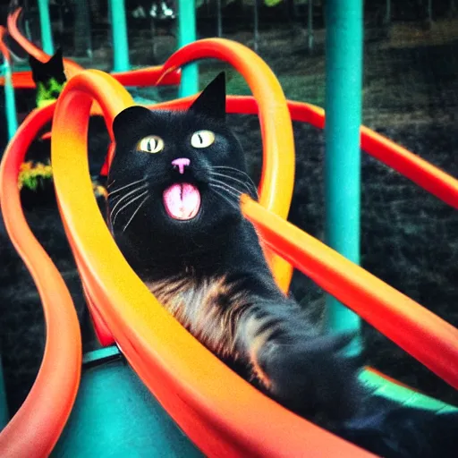 Prompt: happy black cat on a rollercoaster looping. focus on the cat. sunlight. polaroid photo. vivid colors.