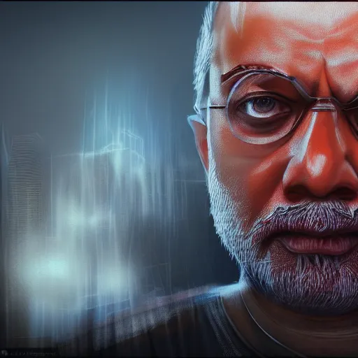 Image similar to portrait of angry Narendra Modi, dystopian, dirty, cyberpunk, volumetric lighting, cgsociety