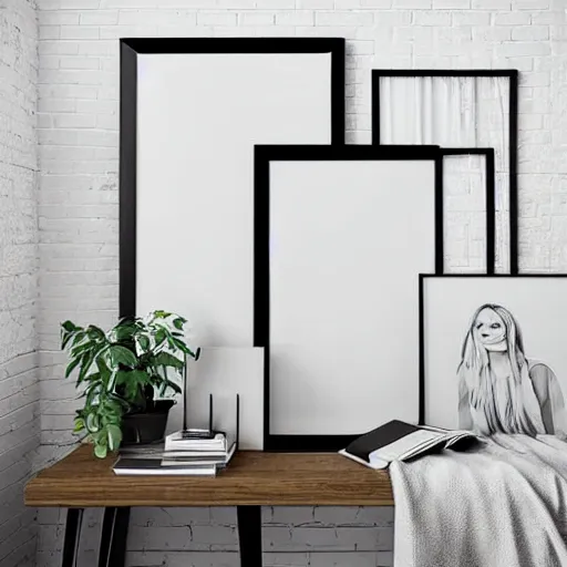 Image similar to a minimalist mockup photo with large blank frame, in a white clean and elegant boho style studio, white walls, trending on pinterest