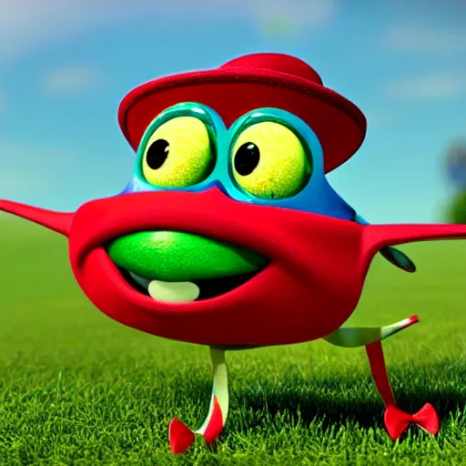 Image similar to an anthropomorphic tadpole wearing shorts a bow tie and a hat with a red band, digital render made by Pixar