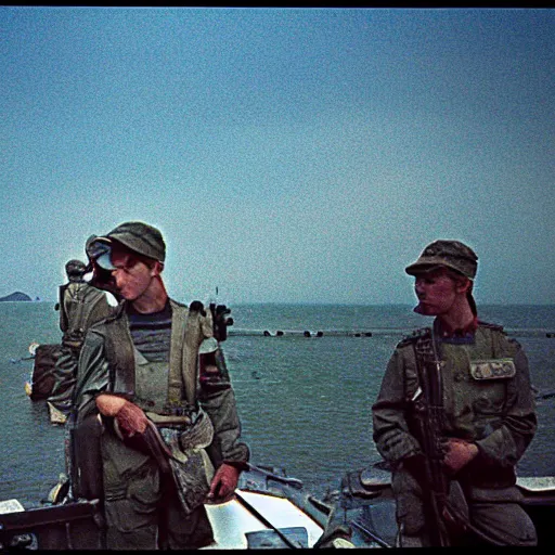 Image similar to film still, far view, landscape, emma watson soldier portrait close up in foreground, vietnam patrol boat, kodak ektachrome, blue tint expired film,