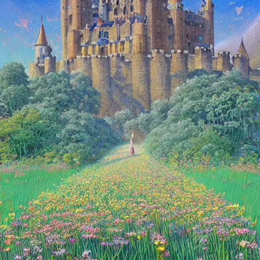 Prompt: a beautiful painting of a large medieval castle shrouded by mystic nebula magic in a field of flowers by moebius and android jones